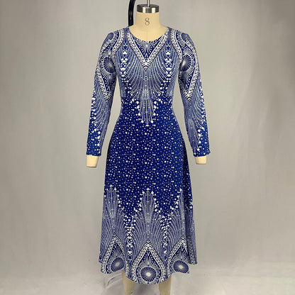 Women's Plus Size Elegant V-Neck Long Sleeve A-Line With Starry Sky Print, Slim-Fit Flowy Maxi Dress