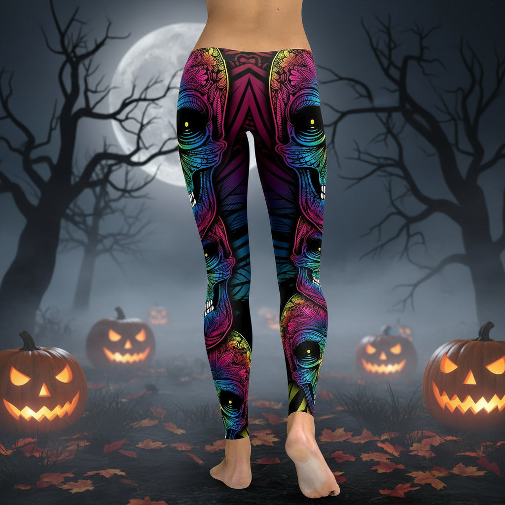 Rainbow Skull Women Plus Size Leggings Workout Casual High Waist Slim Leggings