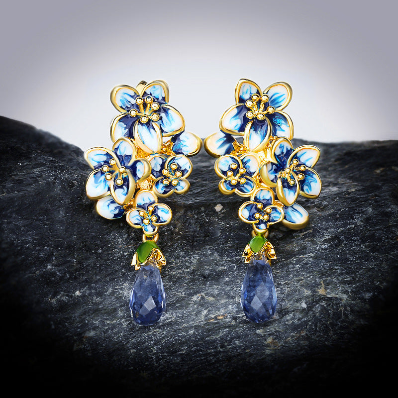 Water Drop Gem Flower Pastoral Style Sapphire Enamel Wedding Banquet Earrings Eardrops