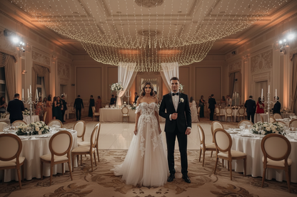 Lace wedding dress with off-shoulder bodice and layered tulle full skirt