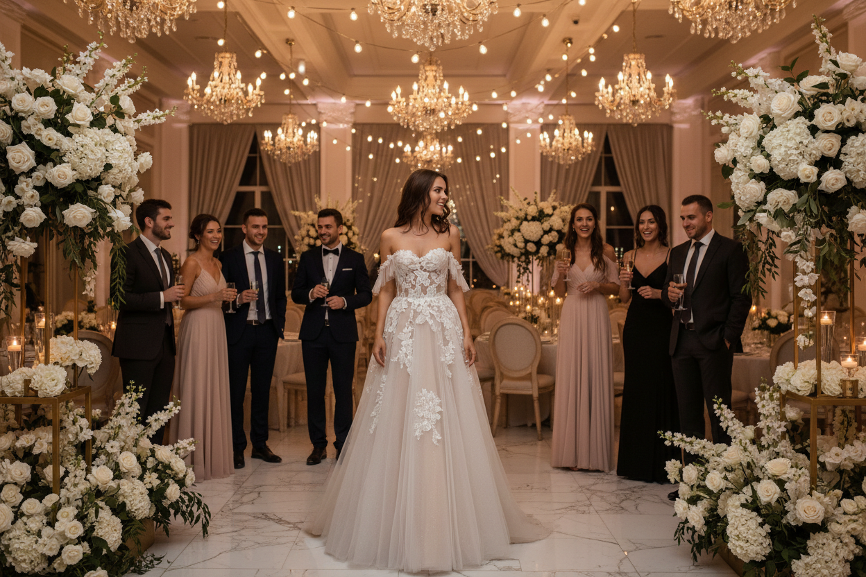 White lace A-line wedding dress with off-shoulder neckline and floral appliqués