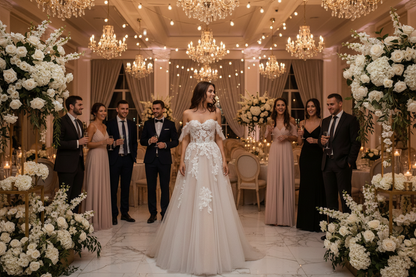 White lace A-line wedding dress with off-shoulder neckline and floral appliqués