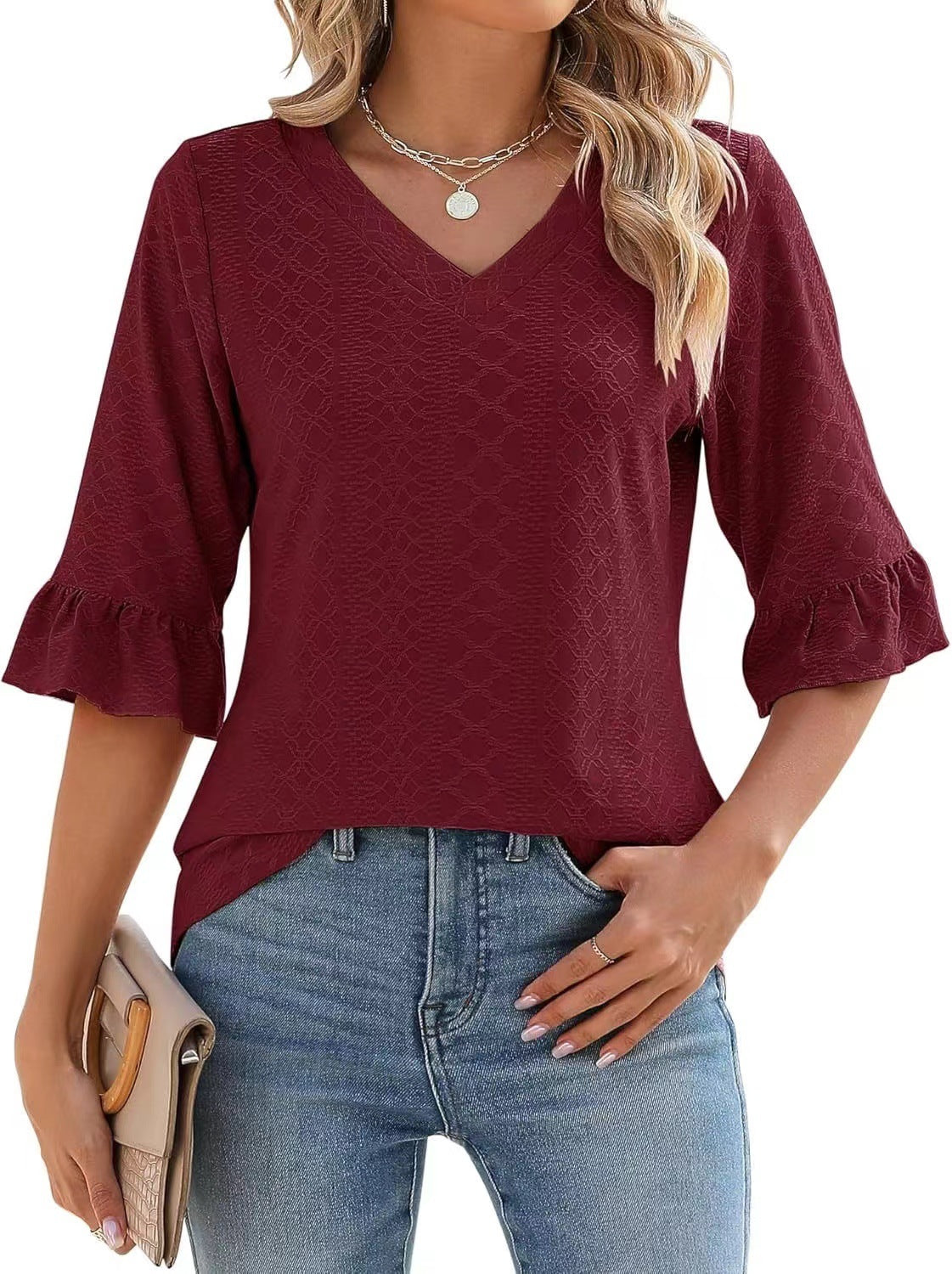 Women’s textured V-neck ruffle-sleeve top in wine red with flared cuff sleeves
