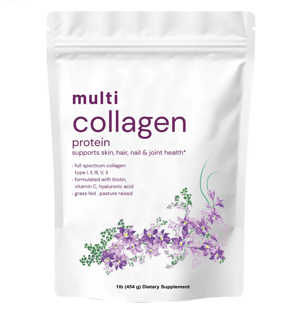 Collagen peptide powder bag: white front with purple "multi collagen" text and floral art