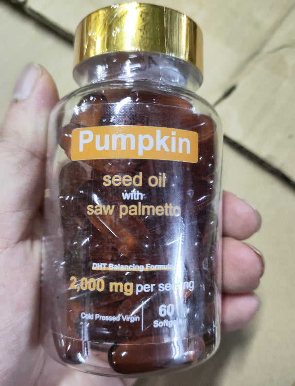 Pumpkin seed oil soft capsules bottle with saw palmetto, 2000 mg, 60 softgels