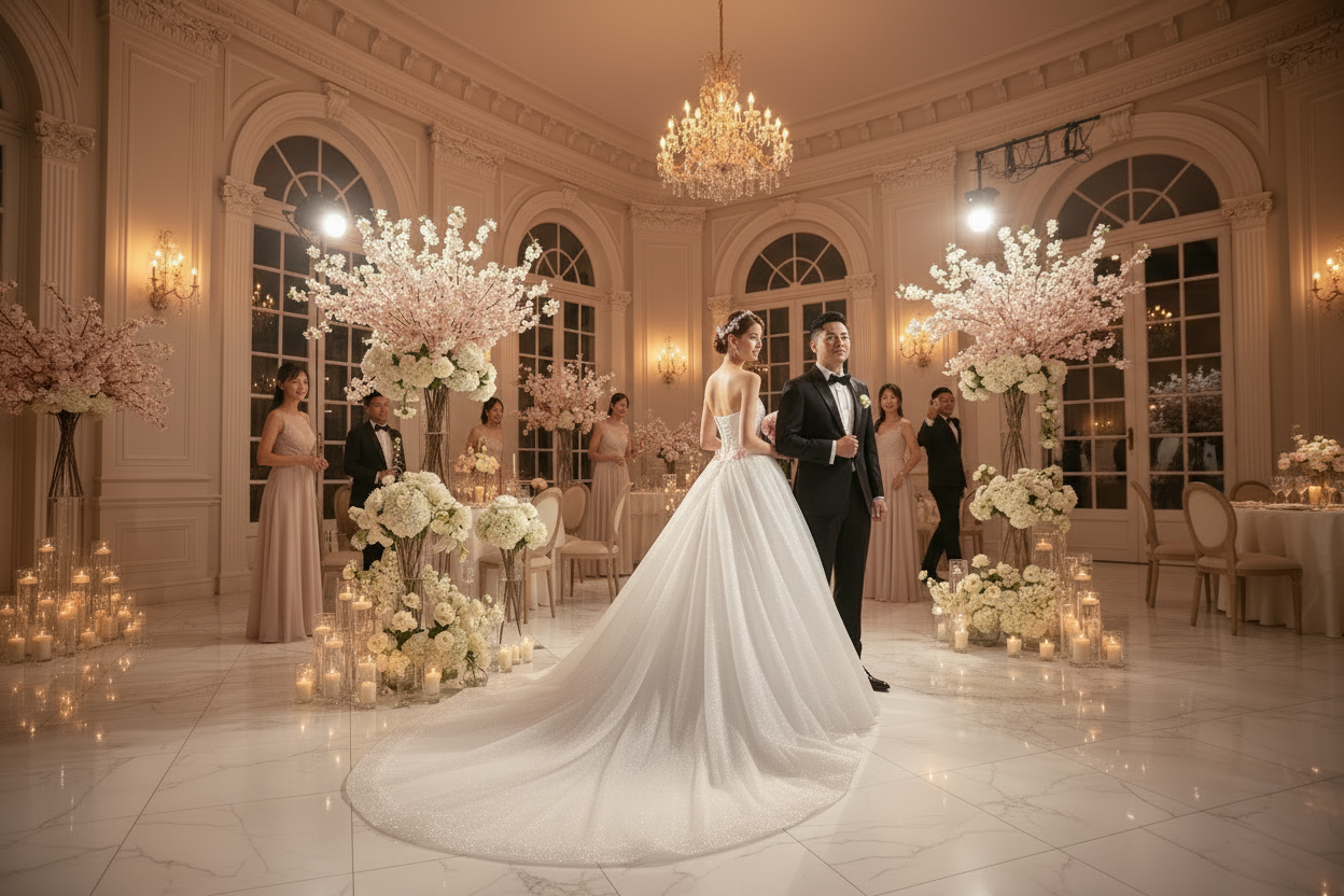 White wedding dress with sleeveless sweetheart bodice and flared tulle skirt