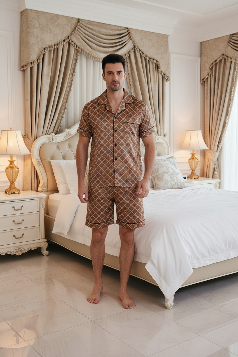 Brown patterned short suit set on model: short-sleeve shirt and matching shorts