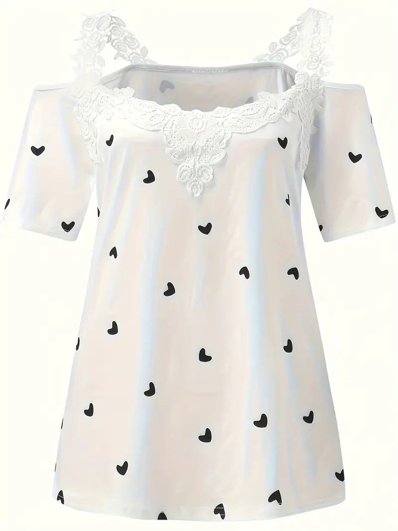 New Short-sleeved Lace Heart Print T-shirt Women's Top