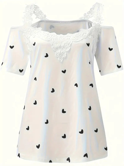 New Short-sleeved Lace Heart Print T-shirt Women's Top