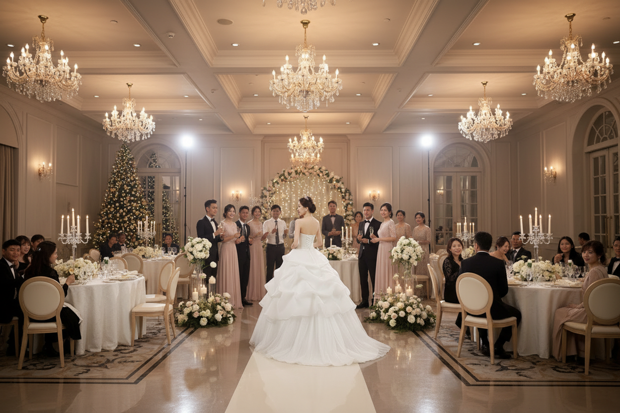 White wedding dress with fitted lace bodice and cascading skirt with long train