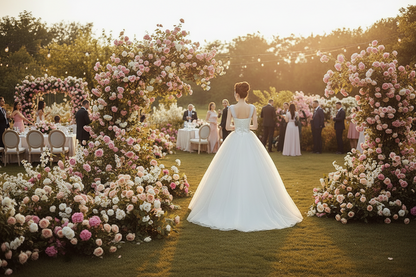 White A-line wedding dress with lace back detail and flowing tulle skirt