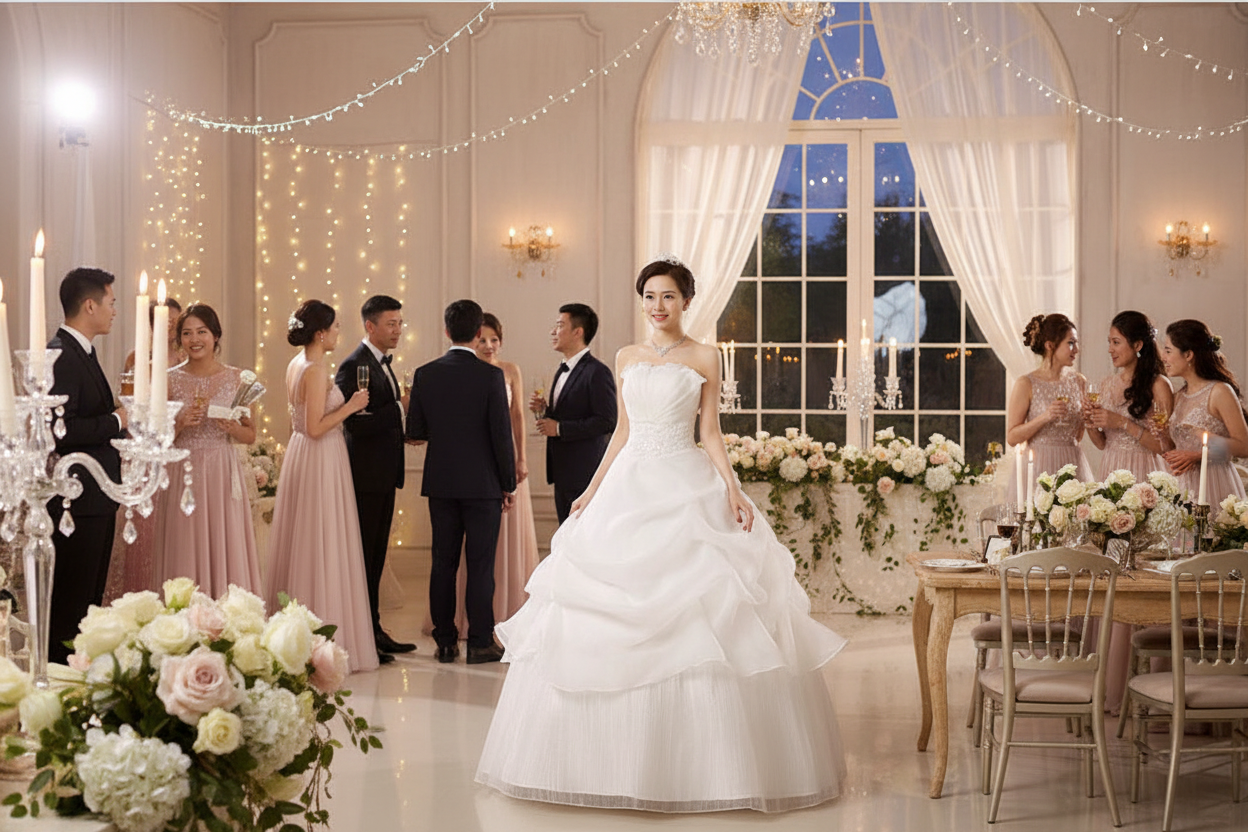 White wedding dress with fitted lace bodice and flared layered skirt
