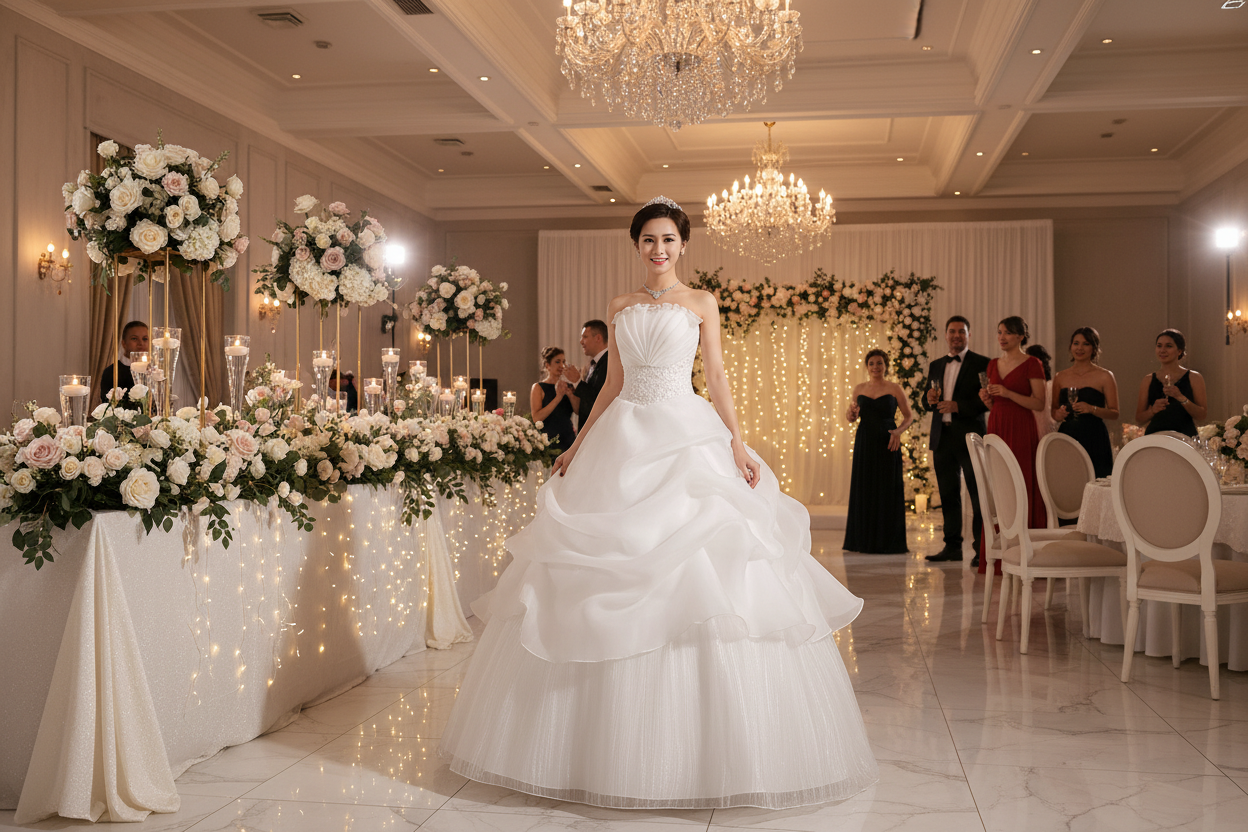 White slim wedding dress with lace bodice, tiered ruffle skirt, and flowing train