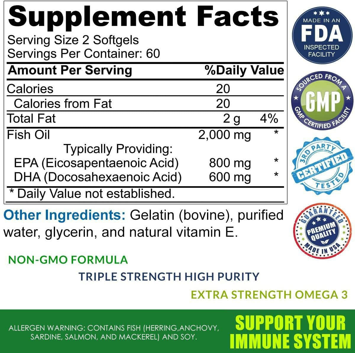 Supplement Facts label for fish oil softgels on bottle