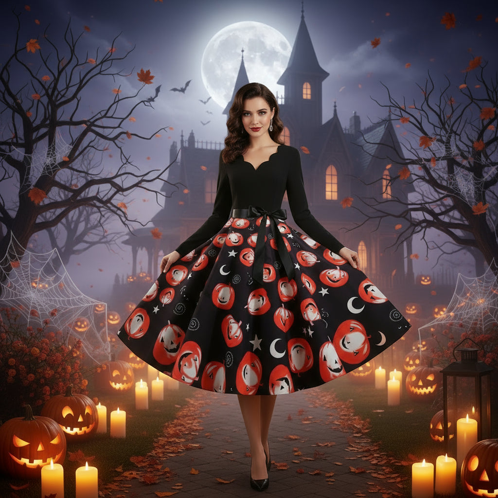 Halloween Burnt Flower V-neck Long-sleeved Sexy Print Big Swing Dress