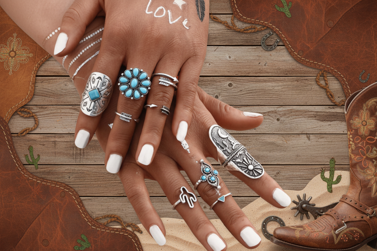 Boho vintage ring set: turquoise flower ring and stacked engraved silver bands