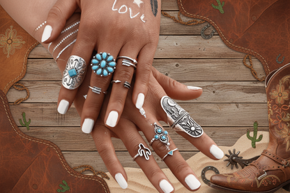 Boho vintage ring set: turquoise flower ring and stacked engraved silver bands