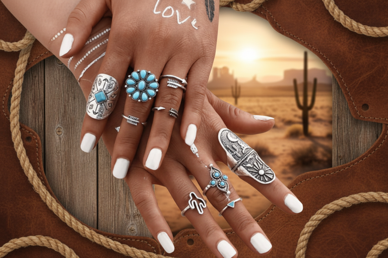 Boho vintage ring set: turquoise flower ring and engraved silver statement rings