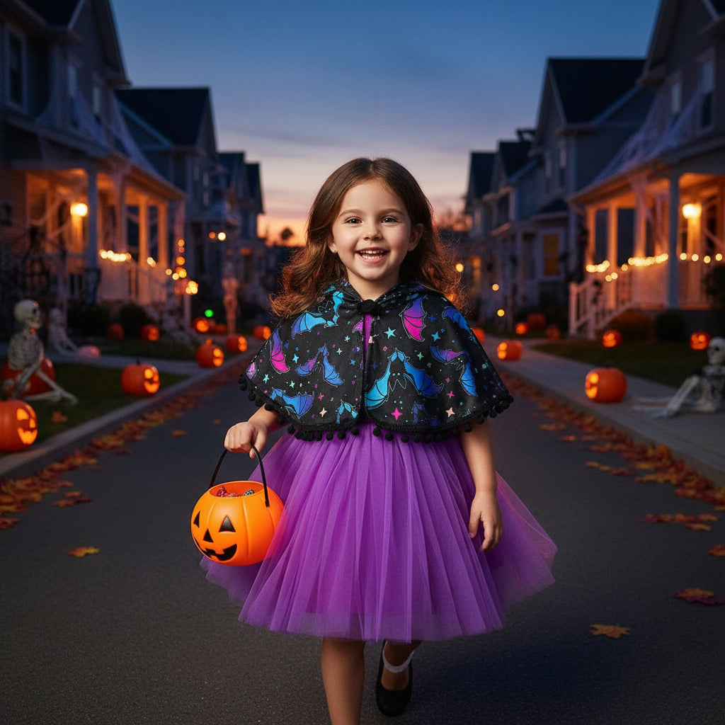 Little Girls 2Pcs Halloween Outfits Sleeveless Tulle Dress With Hooded Cloak Set Clothes