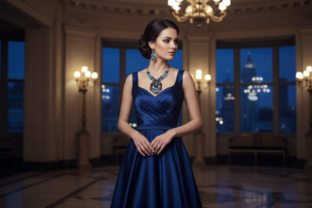 Blue teardrop jewel necklace and drop earrings styled on off-shoulder blue gown