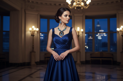 Blue teardrop jewel necklace and drop earrings styled on off-shoulder blue gown