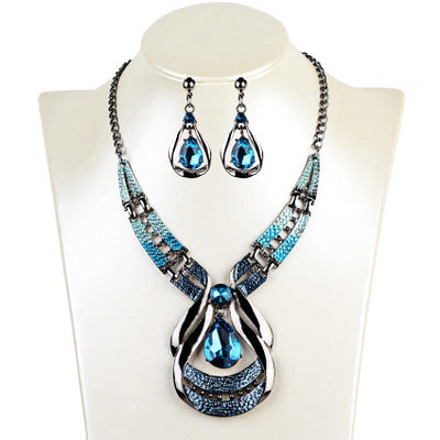 jewelry suit, exotic, antique, oil blue, blue jewel necklace, water drop earring clavicle chain