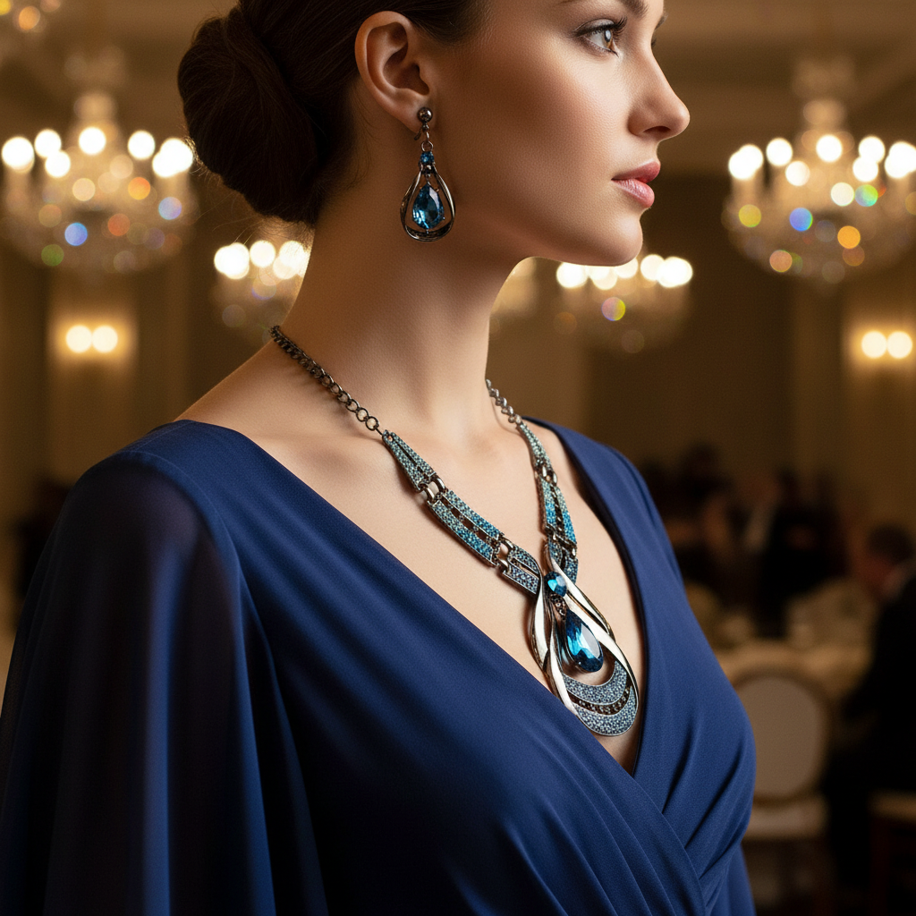 Blue teardrop earrings and layered jewel necklace on off-shoulder blue gown neckline