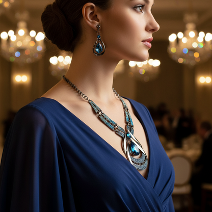 Blue teardrop earrings and layered jewel necklace on off-shoulder blue gown neckline