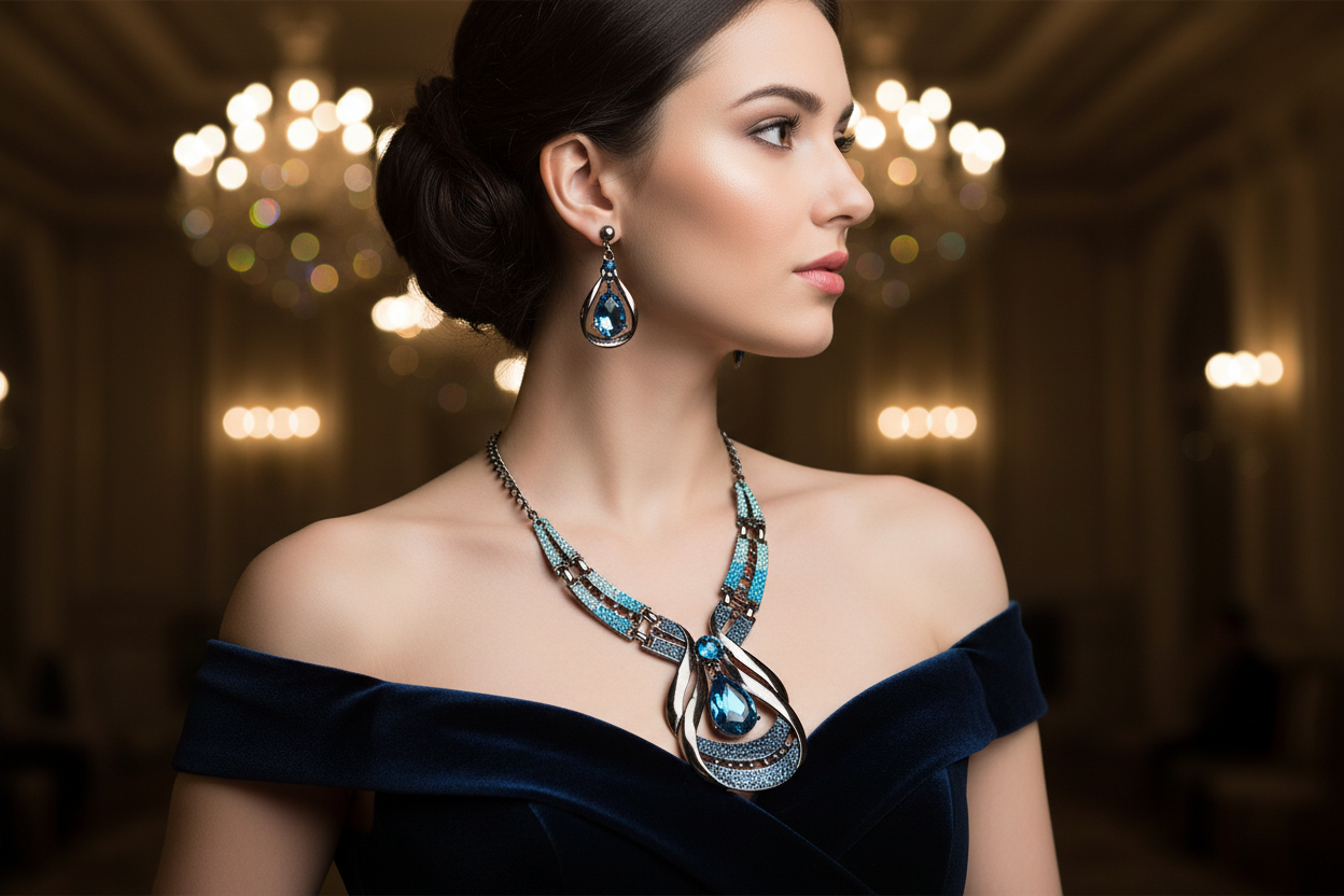Blue teardrop drop earrings with layered jewel necklace on off-shoulder blue gown