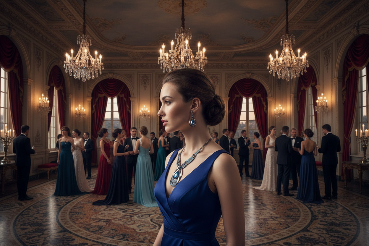 Off-shoulder blue gown with blue jewel necklace and teardrop drop earrings, side view