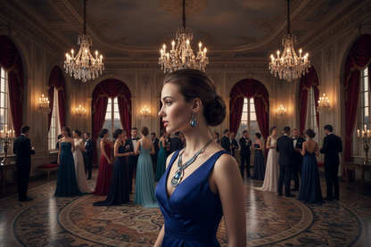Off-shoulder blue gown with blue jewel necklace and teardrop drop earrings, side view