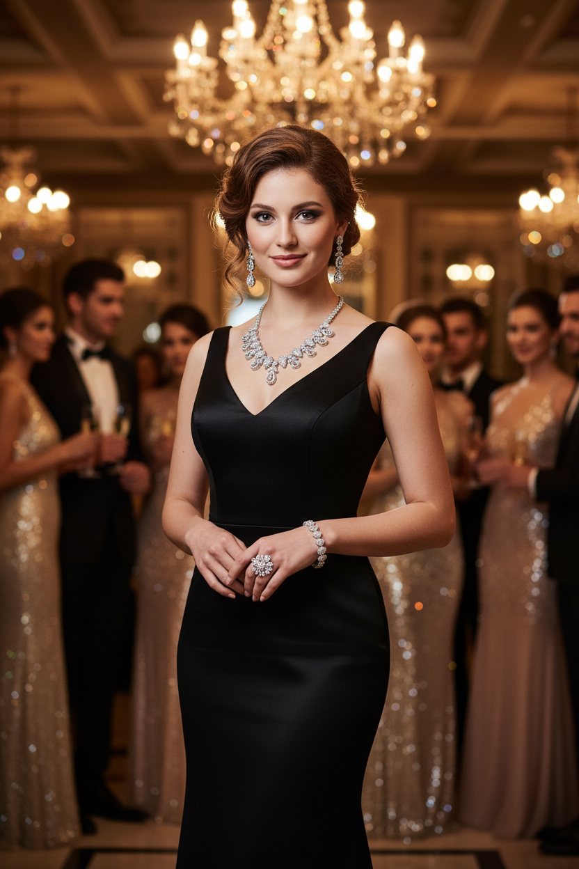 Zircon necklace set with sparkling collar necklace, bracelet, and drop earrings on model