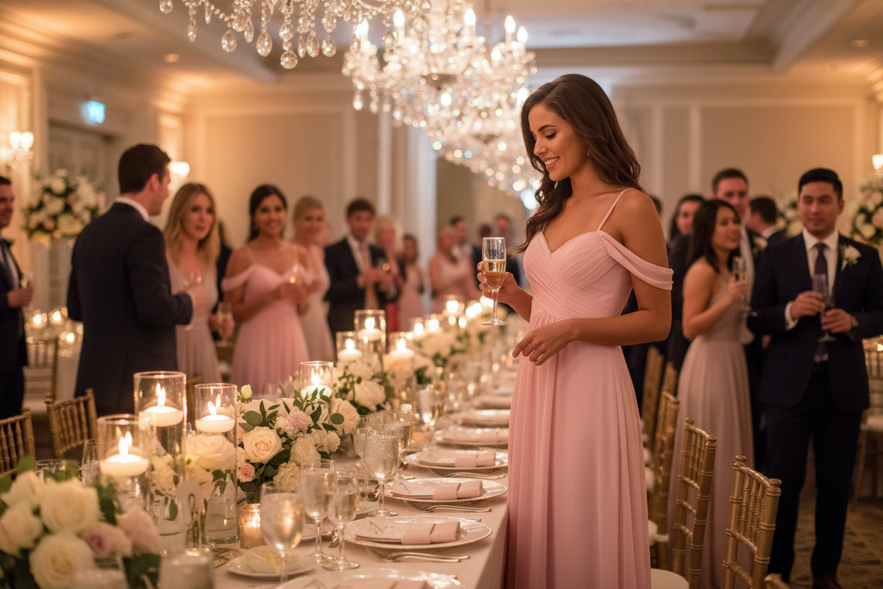 Off-shoulder chiffon A-line pleated bridesmaid dress, blush pink, with long skirt