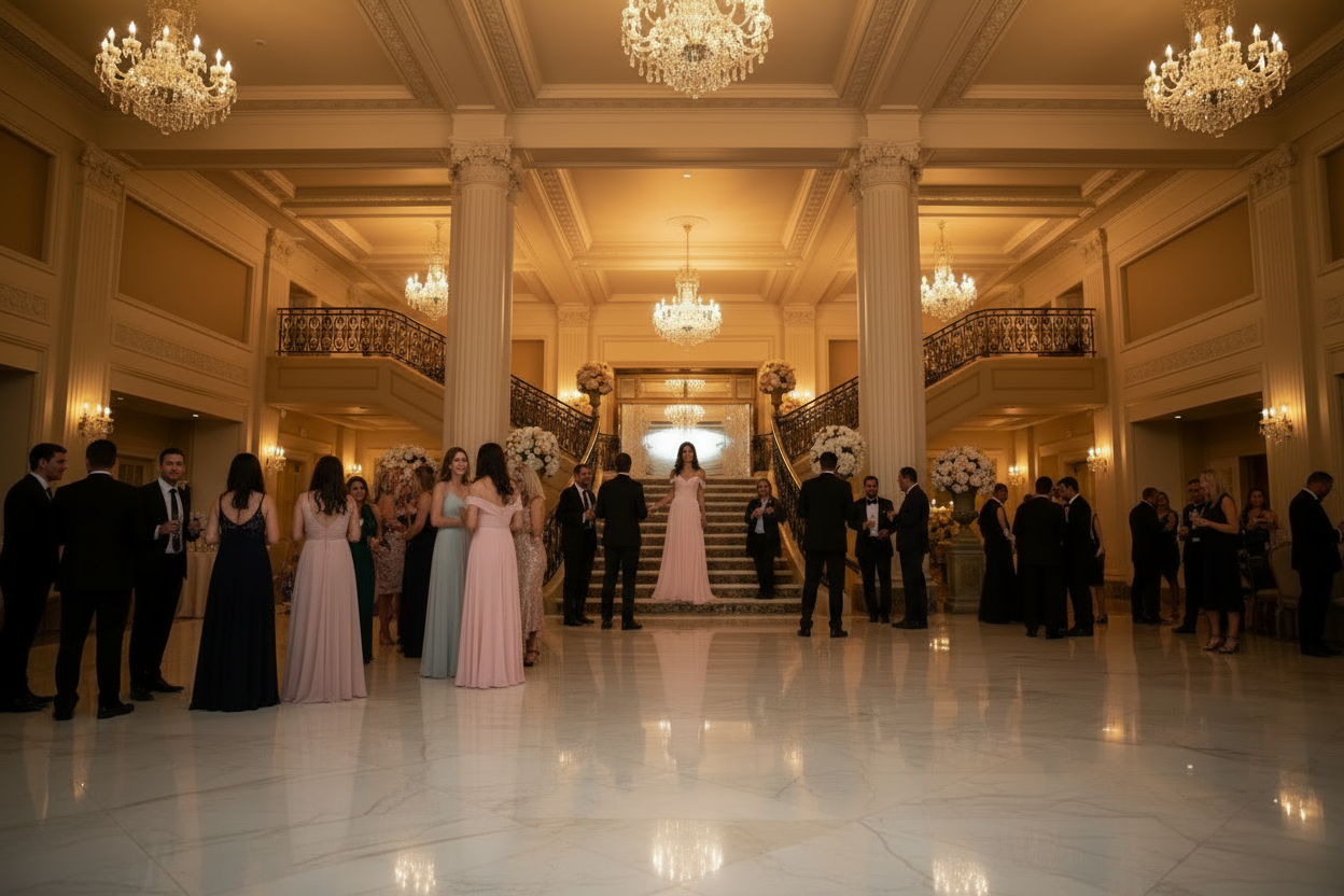 Off-shoulder chiffon A-line pleated bridesmaid dress, pale pink, with long flowing skirt