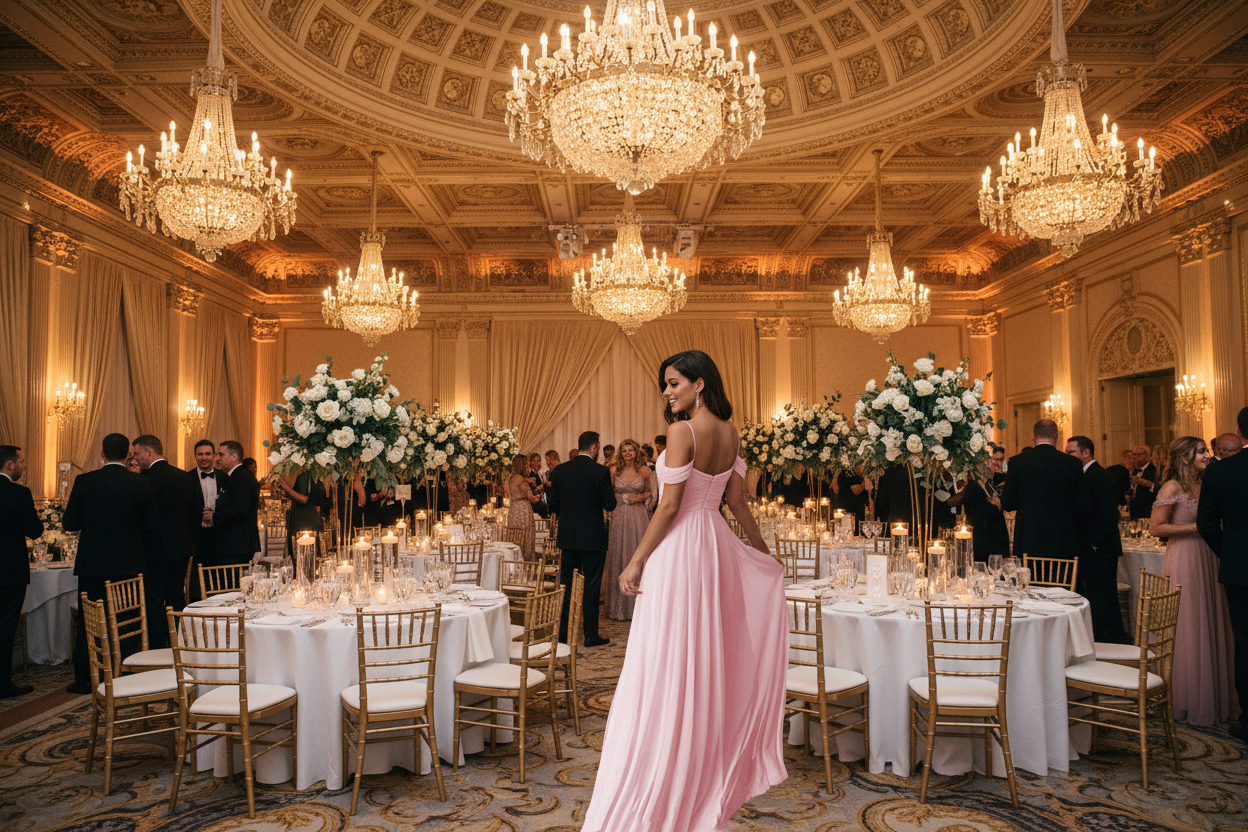 Light pink off-shoulder chiffon A-line pleated bridesmaid dress, sleeveless, floor-length
