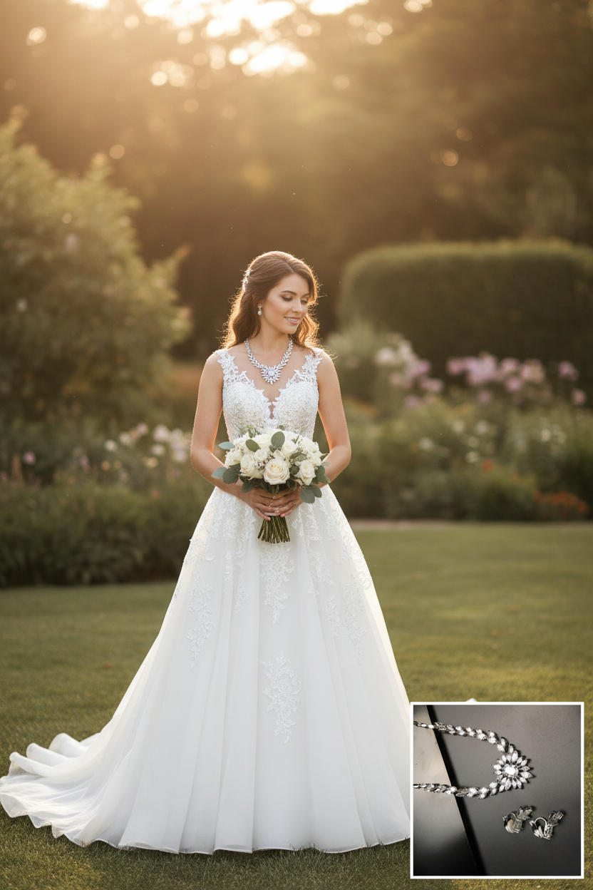 White lace wedding gown with floral necklace and blue centerpiece, holding a bouquet