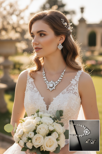 White lace wedding dress with layered floral necklace and matching earrings, blue detail