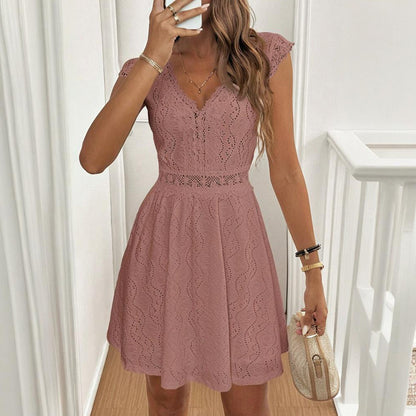 Women's V-Neck Solid Color Short Sleeve With Lace Trim - Summer Sexy Vacation Dress