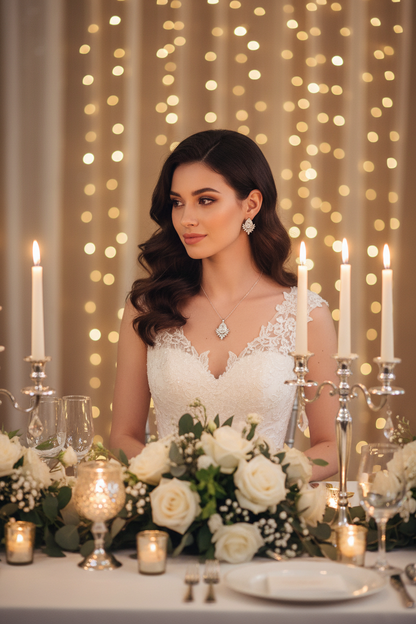 Bridal necklace with sparkling teardrop pendant and matching statement earrings
