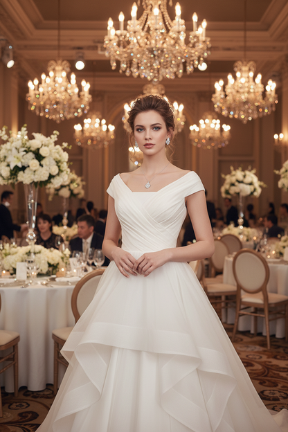 Silver-toned bridal necklace with small teardrop pendant and matching earrings