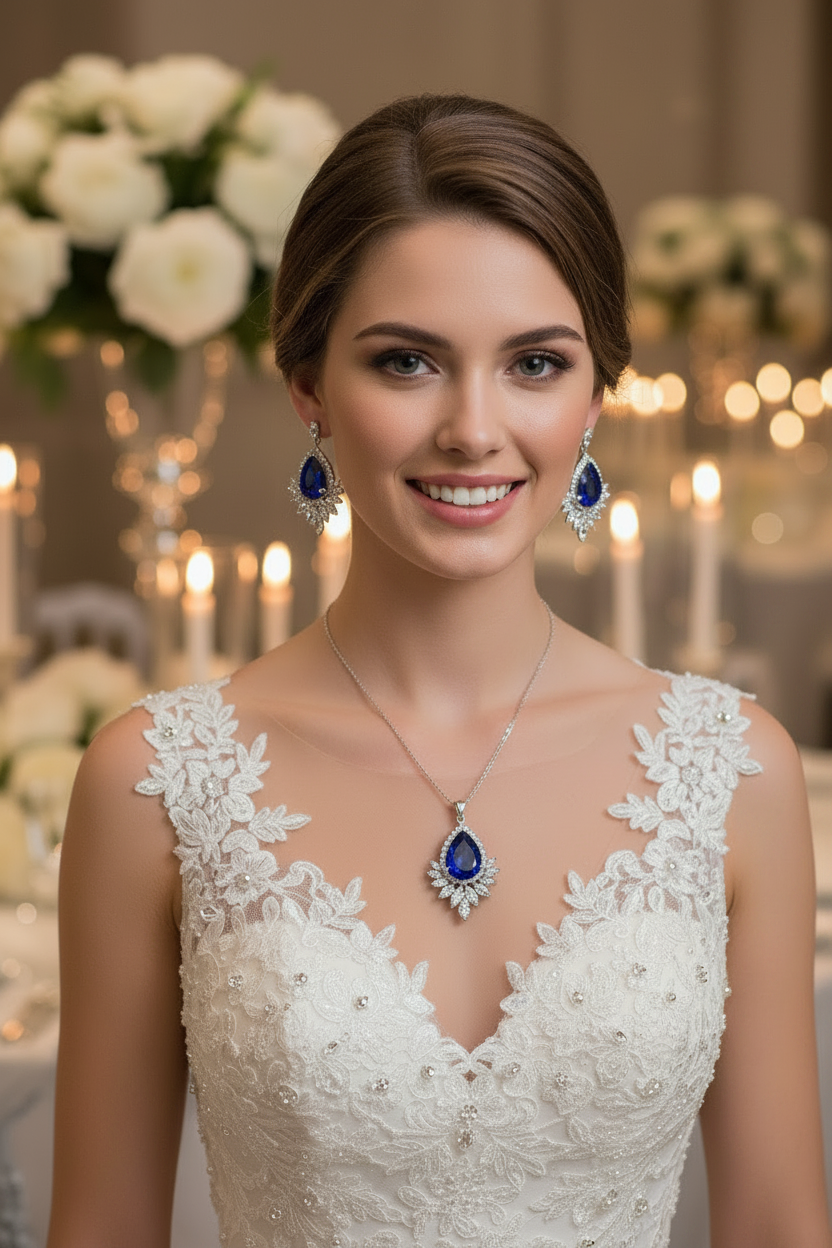 Bridal jewelry set with silver-toned necklace and blue teardrop drop earrings