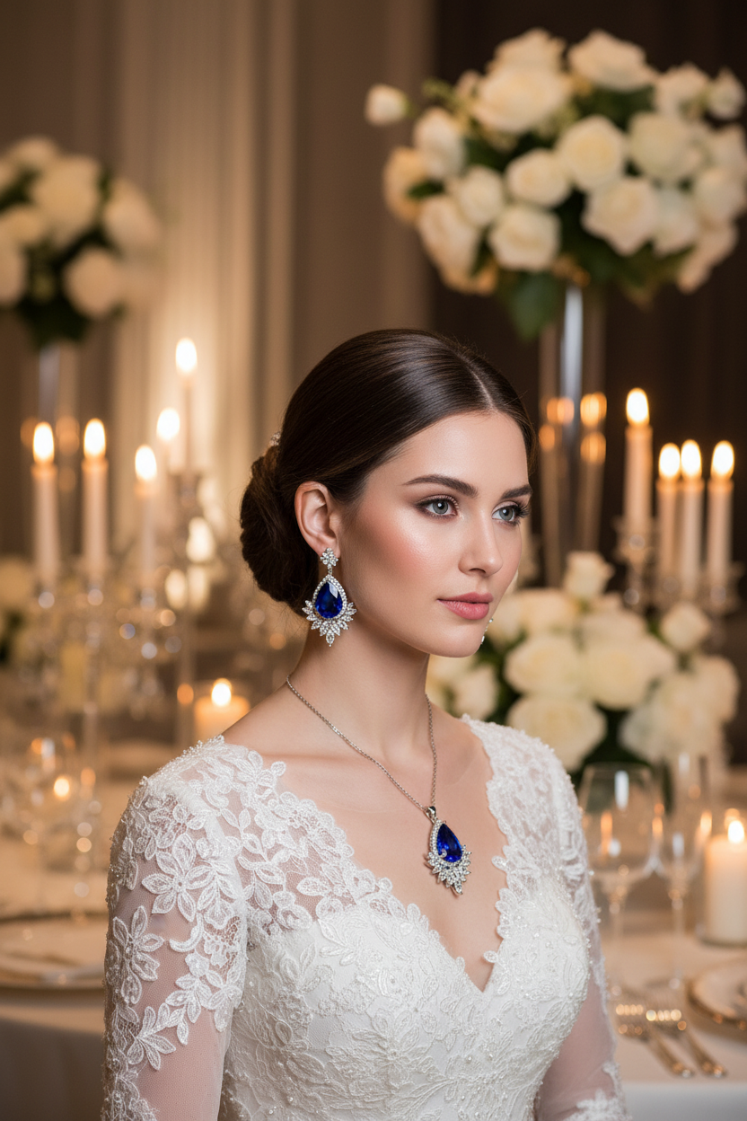 Bridal jewelry set with blue teardrop pendant necklace and drop earrings
