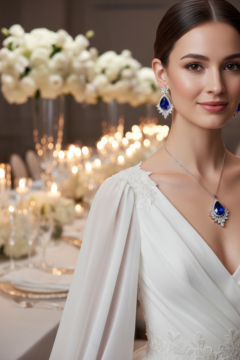 Bridal jewelry set with silver-toned necklace and blue teardrop earrings