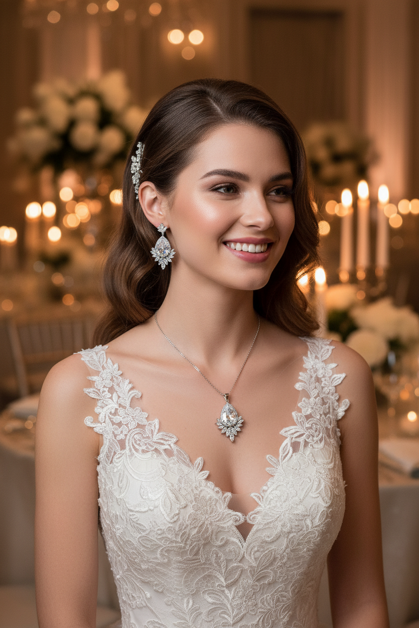 Bridal jewelry set: silver-toned pendant necklace with red teardrop and drop earrings