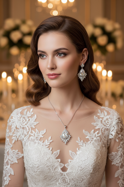 Silver-toned bridal necklace and ornate chandelier earrings with gem centerpiece