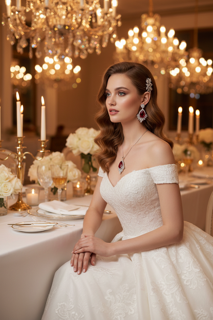 Bridal jewelry set with silver-toned necklace and red teardrop earrings