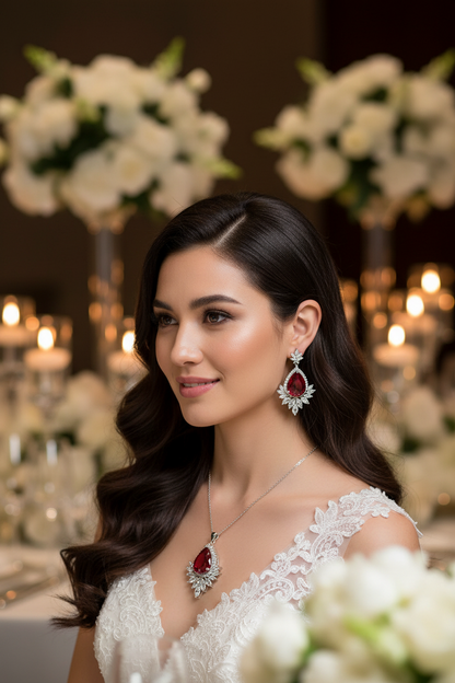 Bridal jewelry set: red teardrop pendant necklace and matching drop earrings