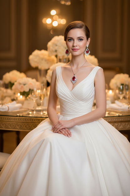 Bridal jewelry set with silver-toned V-neck necklace and red teardrop earrings