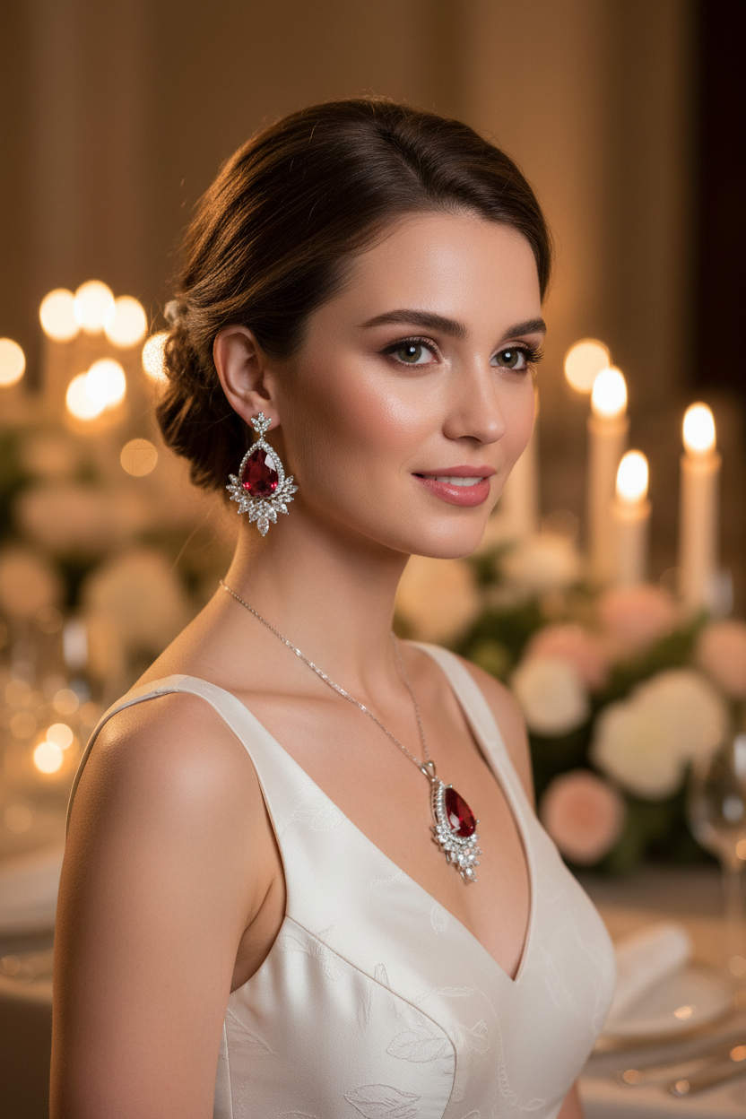 Bridal necklace and earrings set with red teardrop stones and silver detailing