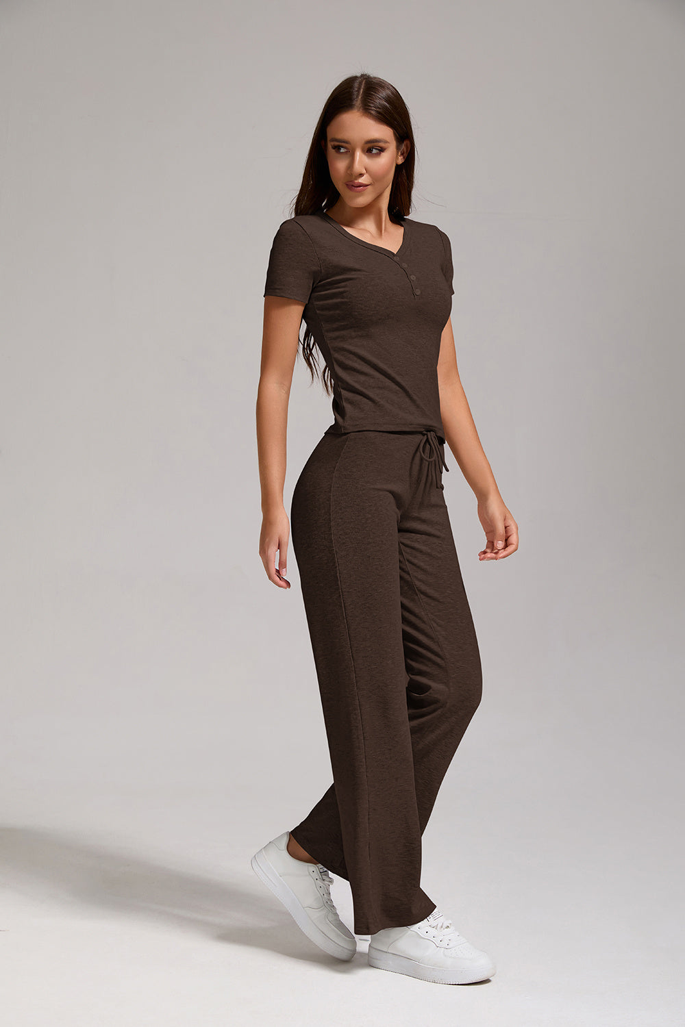 Women's Casual Two-piece Set With V-neck Button, Short Sleeved, Low Waisted Flared Pants, Sportswear